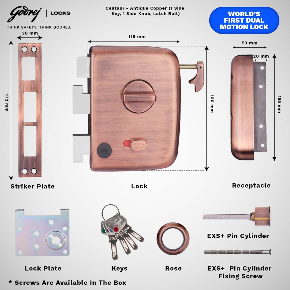 Godrej Rim Lock I Centaur EXS plus   I 1CK Latchbolt I for Inside or Outside Opening Door  and   Left or  Right Handed Doors I 4 Keys I 15 Years Warranty by Godrej I Auto Locking I Antique Copper Finish